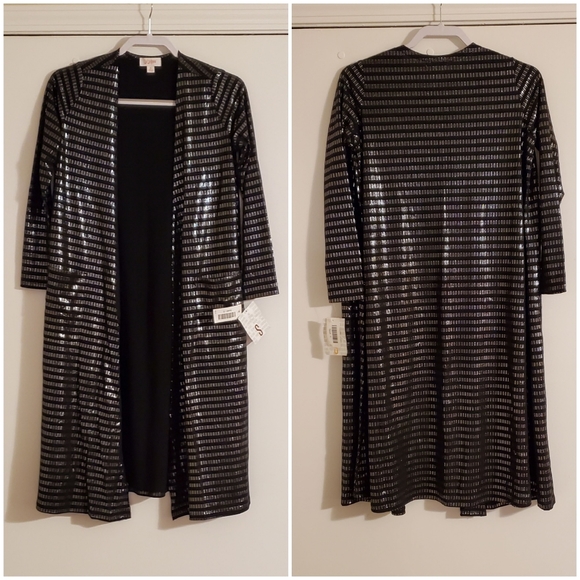 LuLaRoe Sweaters - NWT S LuLaRoe Elegant Sarah Long Black Duster Silver Metallic Striped Cardigan